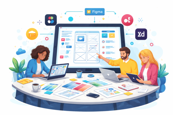 UX designer workspace with laptop showing Figma prototype, tablet with Maze heatmap, sketches, and a digital journey map on a whiteboard