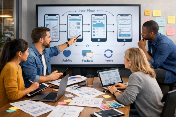 User experience designers collaborating around a wireframe showing user-centered design principles