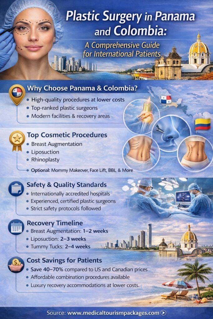 Detailed infographic explaining plastic surgery in Panama and Colombia for international patients, highlighting common cosmetic procedures such as breast augmentation, liposuction, and rhinoplasty, along with recovery timelines, safety standards, modern hospitals, and the cost advantages of medical tourism in Latin America.