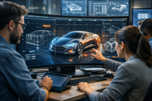 Collaborative engineering team using advanced computer-aided design software to develop a complex 3D geometric model.