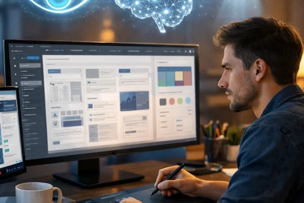 UX designer working on interface with subtle holographic overlays representing perception, memory, and attention in a modern workspace