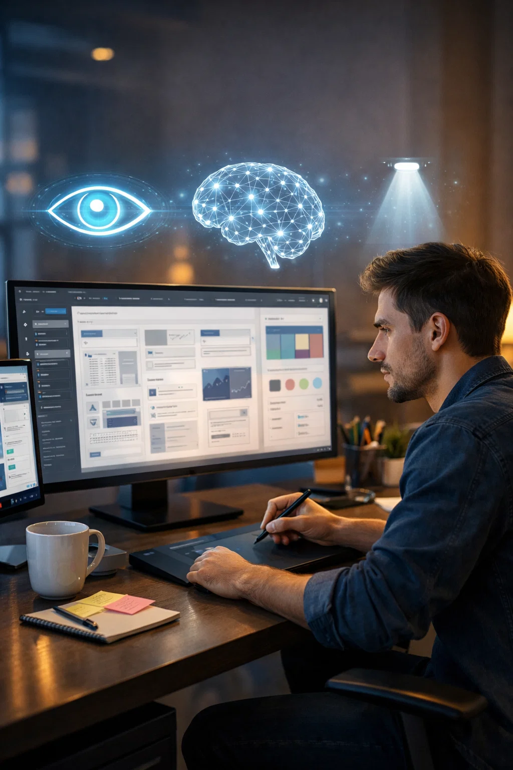 UX designer working on interface with subtle holographic overlays representing perception, memory, and attention in a modern workspace