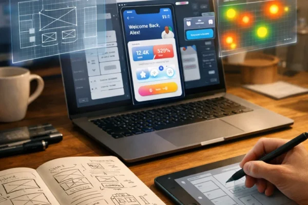 UX design workflow from sketch to digital interface with wireframes, prototypes, and holographic UI elements