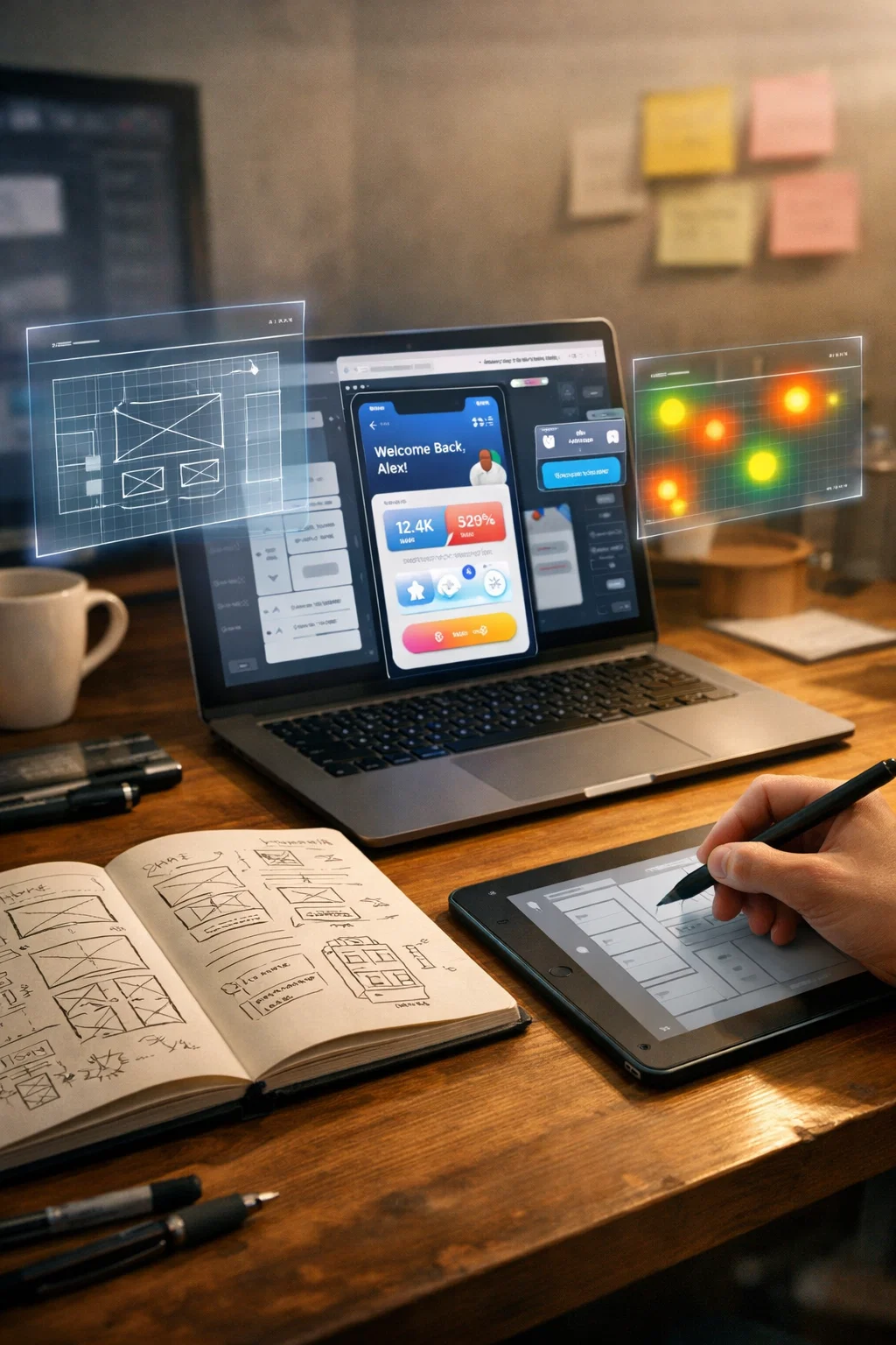 UX design workflow from sketch to digital interface with wireframes, prototypes, and holographic UI elements