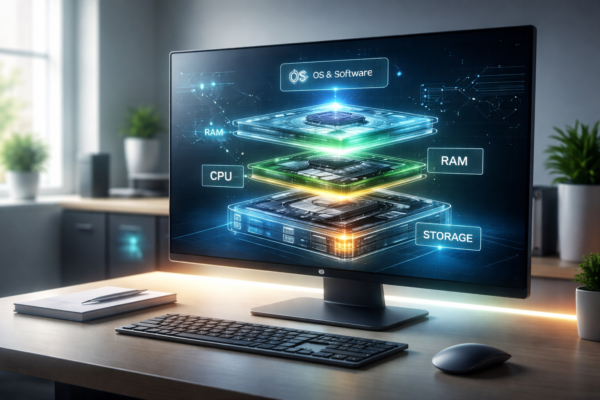 Modern computer setup showing visual representation of CPU, RAM, storage and software working together
