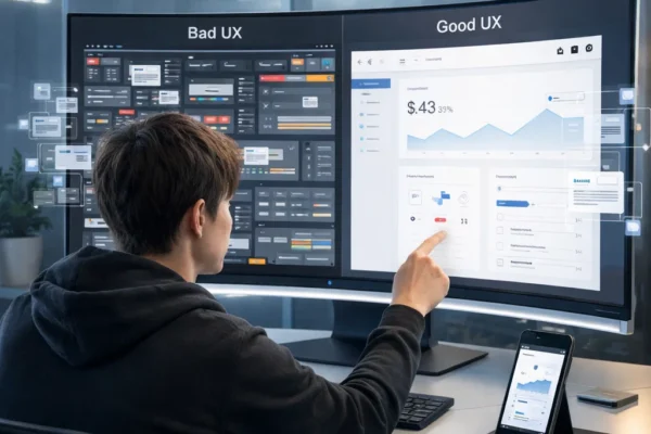 UX designer comparing complex and simple user interfaces on a modern workstation with subtle futuristic elements
