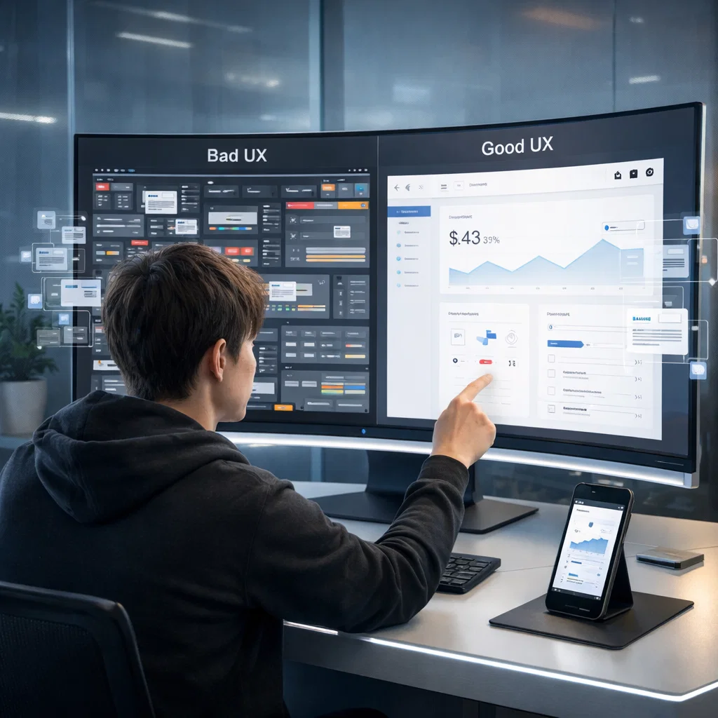 UX designer comparing complex and simple user interfaces on a modern workstation with subtle futuristic elements