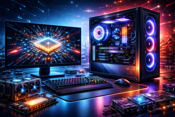 Futuristic desktop computer showing transparent case, RGB lighting, high-end CPU, DDR5 RAM, and NVMe SSD with holographic hardware icons.