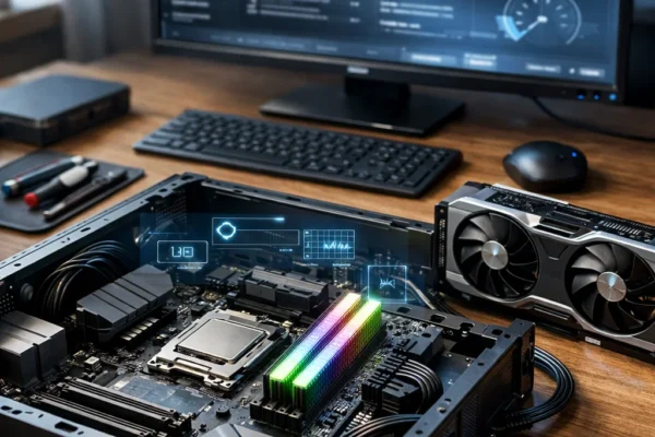 Partially assembled desktop computer system with motherboard, RAM, and GPU on a clean workspace with subtle futuristic lighting