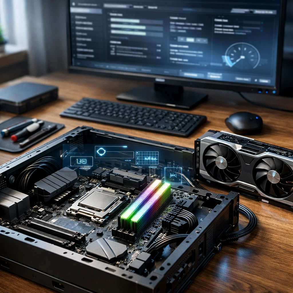 Partially assembled desktop computer system with motherboard, RAM, and GPU on a clean workspace with subtle futuristic lighting