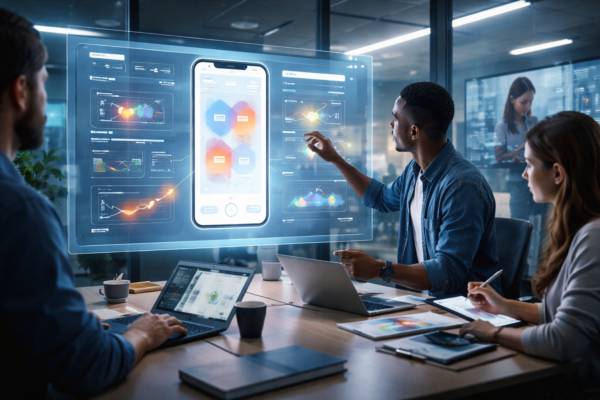 UX designers conducting usability testing on a futuristic interface with heatmaps and real user interaction