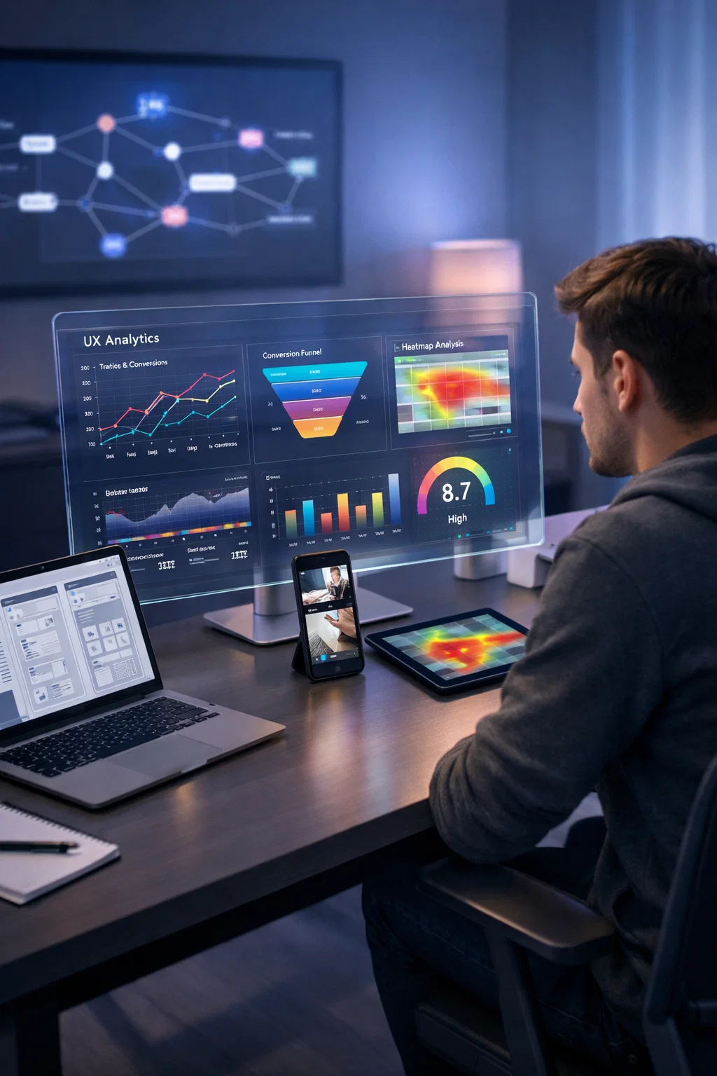 UX designer analyzing analytics dashboard with KPIs, heatmaps, and user flows in a modern workspace