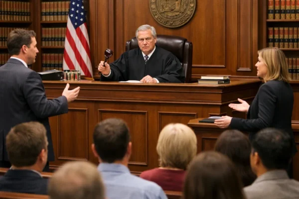A courtroom scene with a judge presiding over a trial, surrounded by lawyers presenting their arguments. The atmosphere conveys the importance of fairness, equality, and justice in upholding the rule of law.