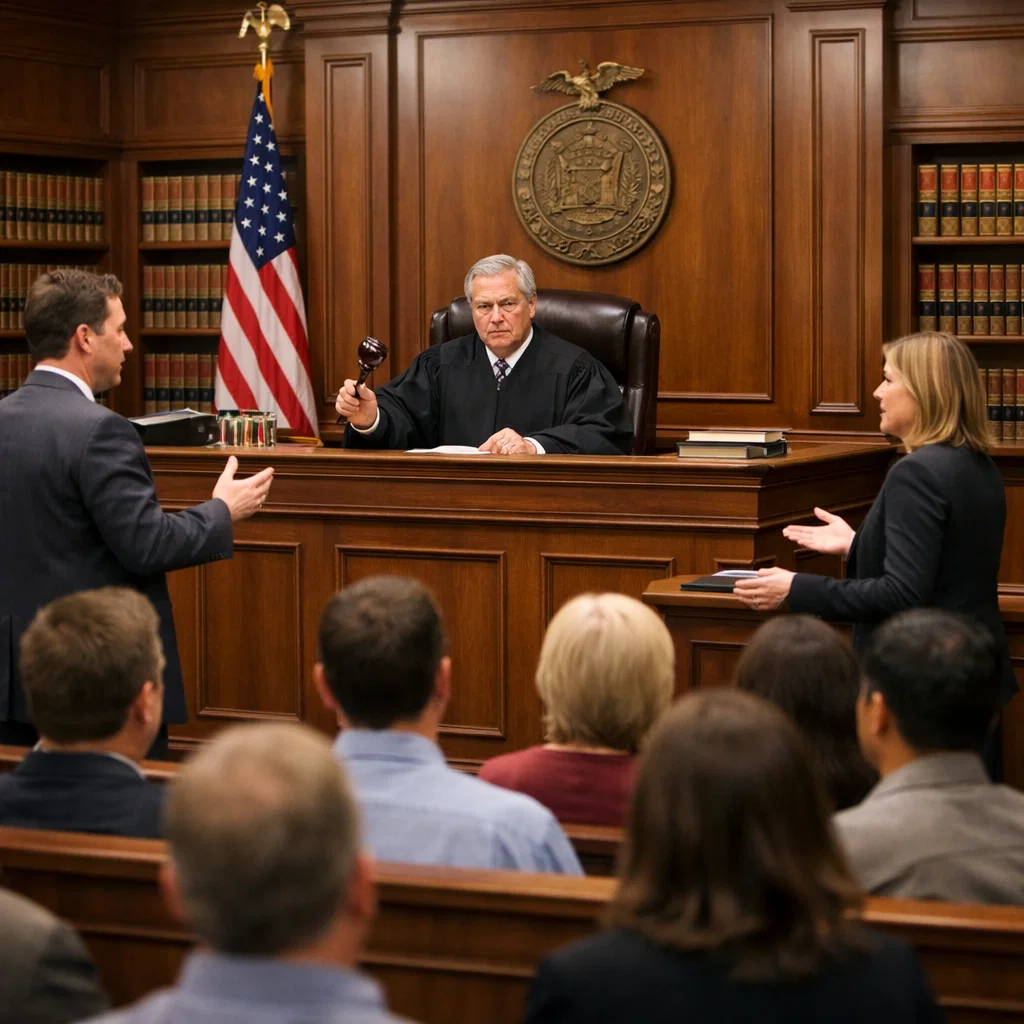A courtroom scene with a judge presiding over a trial, surrounded by lawyers presenting their arguments. The atmosphere conveys the importance of fairness, equality, and justice in upholding the rule of law.