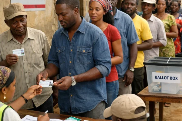 Citizens lining up to vote at a polling station during an election, showing democratic participation.
