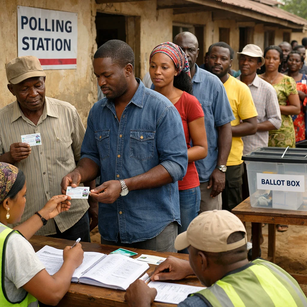 Citizens lining up to vote at a polling station during an election, showing democratic participation.