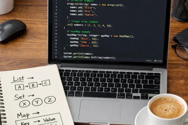 Java data structures displayed on laptop screen showing arrays and collections framework code