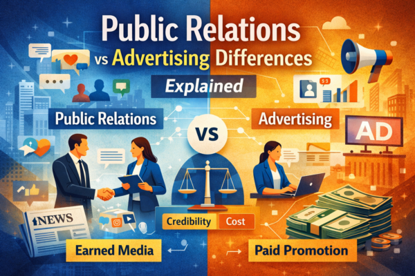Public Relations vs Advertising Differences illustration showing earned media, paid promotion, credibility, and communication strategies