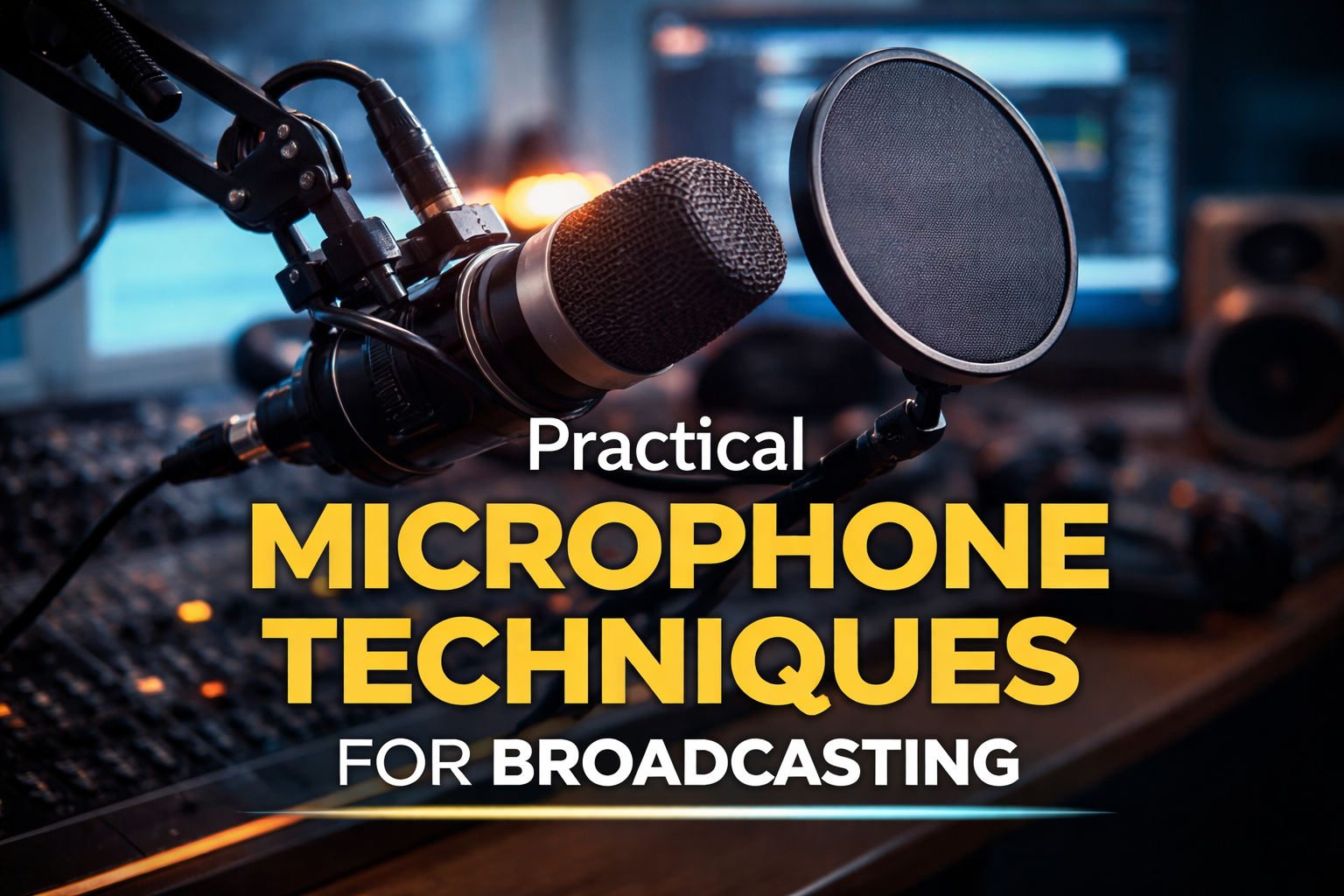 practical microphone techniques for broadcasting showing a studio microphone with pop filter and audio mixing setup for clear sound recording