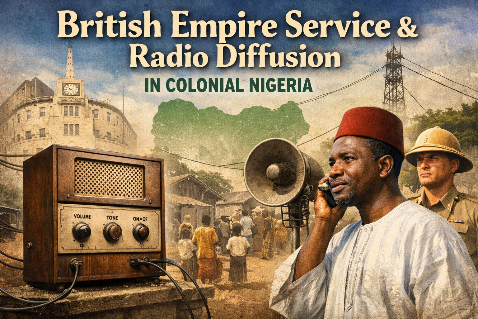 Feature image showing a colonial-era radio diffusion box and loudspeaker broadcasting British Empire Service content to Nigerians, with imperial and village scenes in the background.