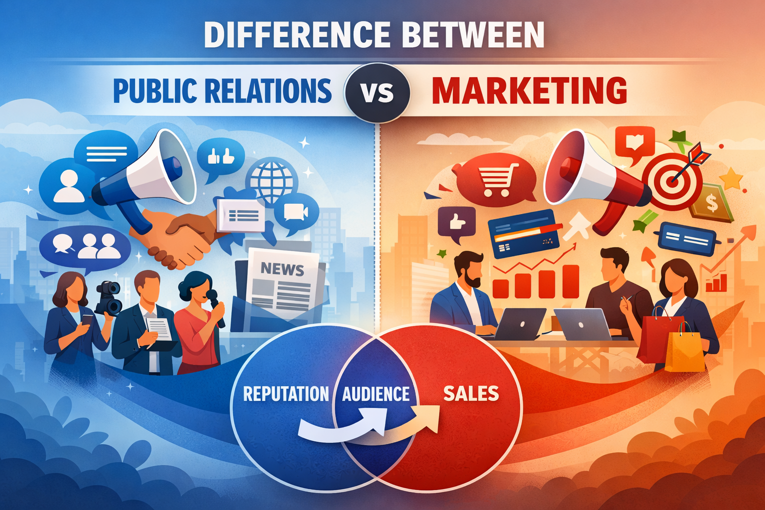 Difference between public relations and marketing showing their overlap and key functions.
