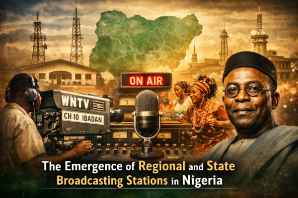 Feature image illustrating the emergence of state and regional broadcasting stations in Nigeria, showing a vintage WNTV television camera in Ibadan, an “ON AIR” studio microphone, broadcast transmission towers, a map of Nigeria, cultural performers, and a portrait representing early regional media leadership.