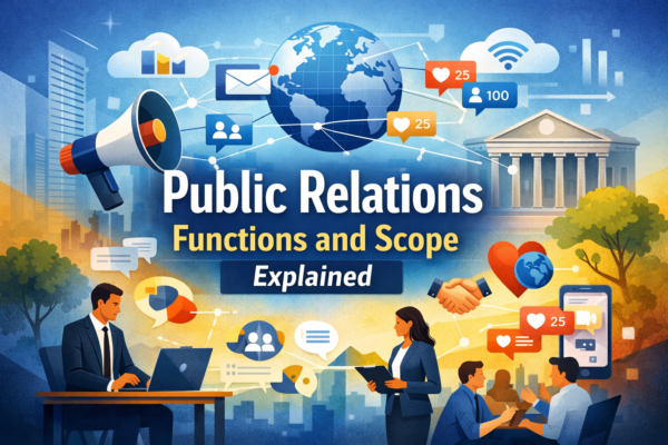 Public Relations Functions and Scope illustration showing media relations, stakeholder engagement, digital communication, and branding strategies