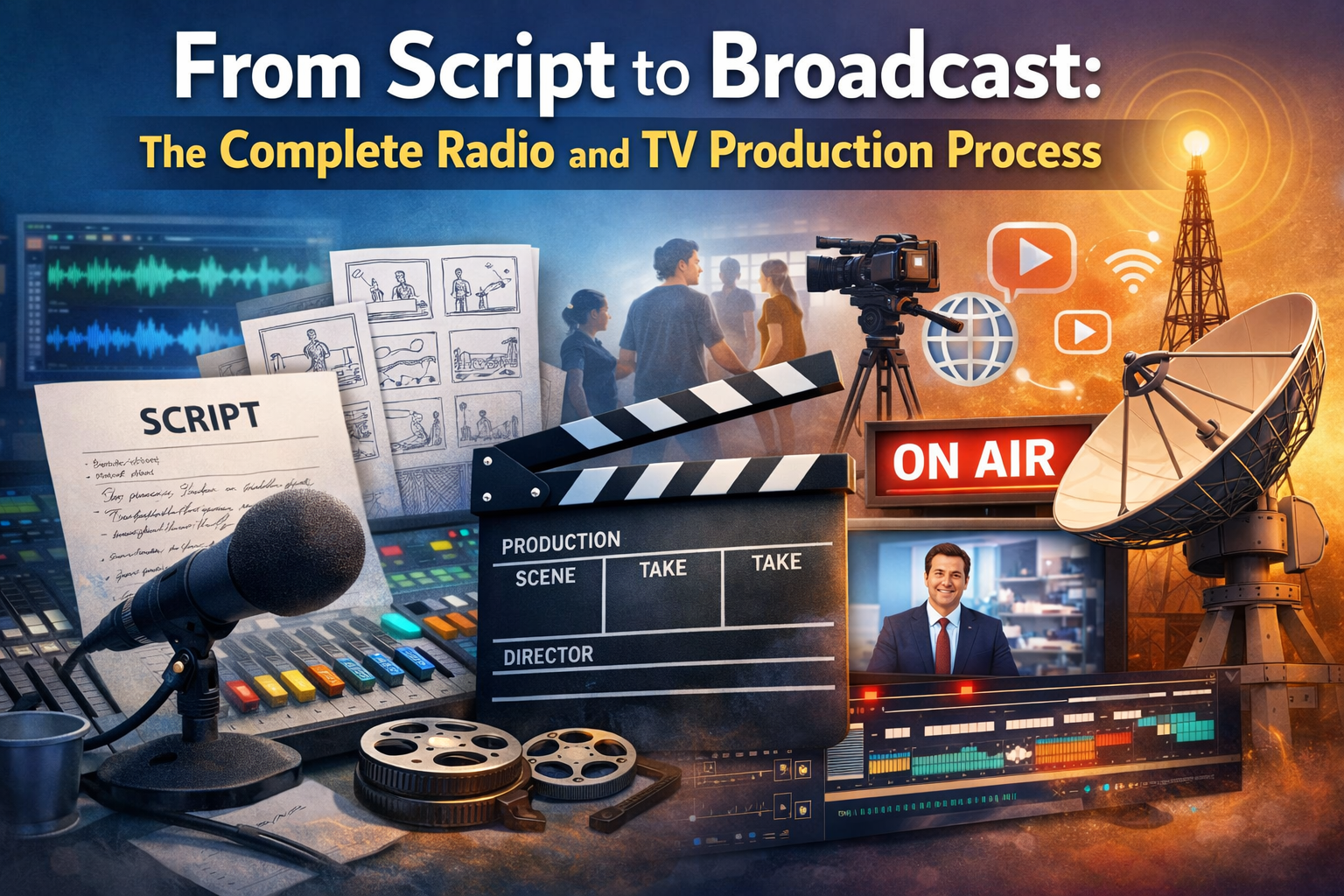 Illustration showing the radio and television production process, featuring a script, microphone, audio mixer, clapperboard, camera, editing screen, and broadcast tower with “On Air” sign.