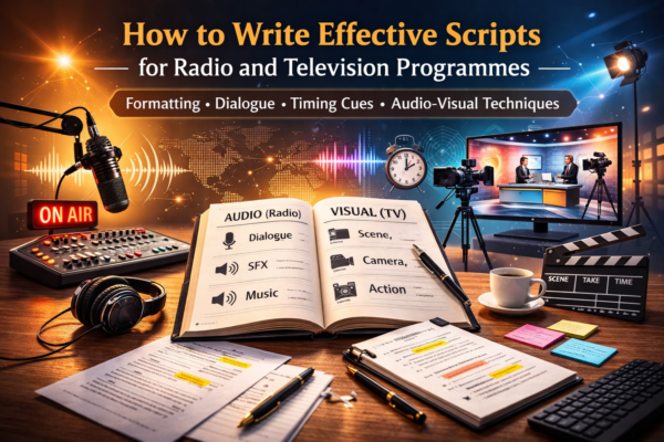 A professional broadcast studio scene illustrating how to write script for radio and television, featuring microphones, a TV camera, script pages with dialogue and timing cues, and on-air production equipment.