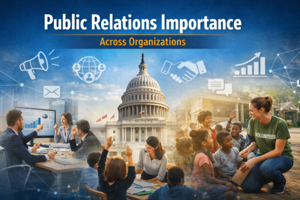 Feature image illustrating the importance of public relations across organizations, showing corporate meetings, government institutions, educational settings, and NGO community engagement with PR strategy icons overlaid.