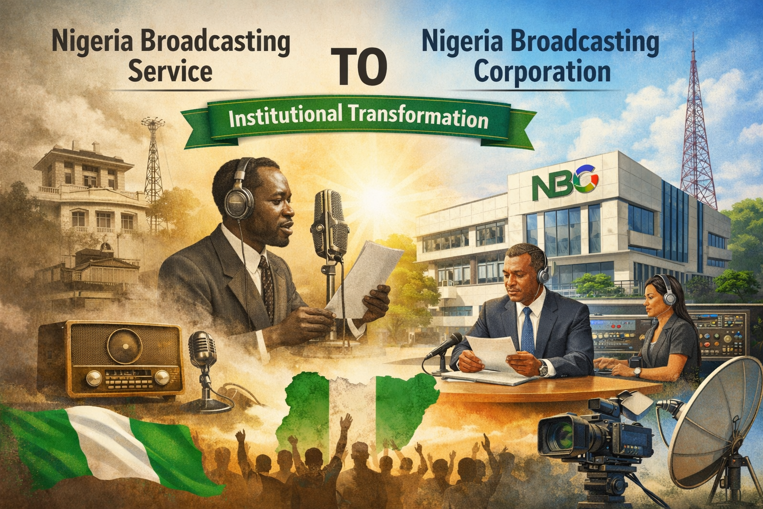 Feature image illustrating the transformation from Nigeria Broadcasting Service (NBS) to Nigeria Broadcasting Corporation (NBC), showing a split scene of a vintage colonial-era radio studio and a modern Nigerian broadcast studio symbolizing institutional reform and national media development.