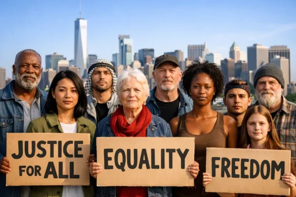 A diverse group of people standing together in solidarity with signs that read "Justice for All," "Equality," and "Freedom," representing the global fight for human rights. The image symbolizes unity, hope, and the ongoing struggle for dignity and justice for every individual.