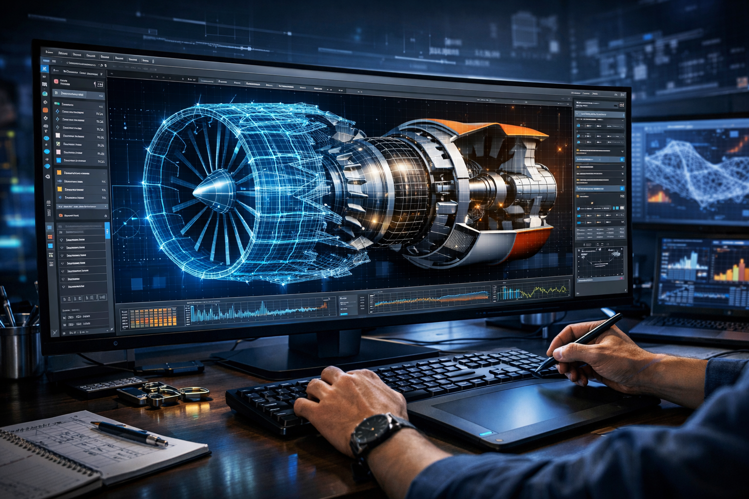 Advanced geometric modeling visualization showing wireframe, surface, and solid 3D models in a CAD engineering workspace.