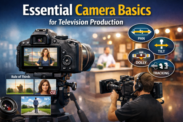 Fundamental principles of camera operation in television showing DSLR camera framing, rule of thirds, shot types, and camera movements used in television production.