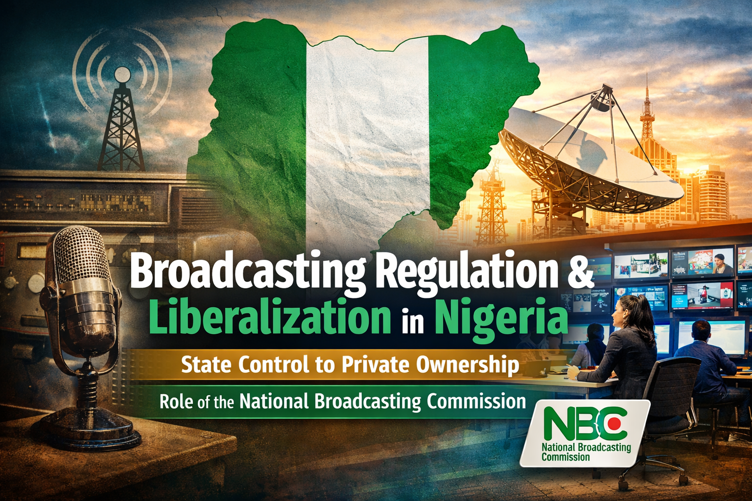 Feature image illustrating broadcasting in Nigeria, showing transition from state-controlled radio to liberalized private television under NBC regulation.