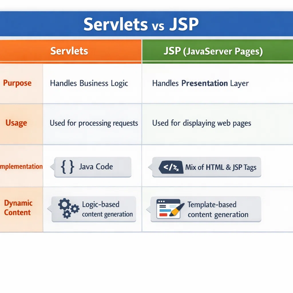 Comparison chart showing key differences between Java Servlets and JavaServer Pages (JSP).