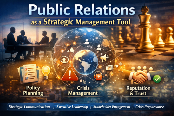 Illustration of public relations as a strategic management tool showing executives in a meeting, a global communication network, policy planning icons, crisis management symbols, and a handshake representing reputation and stakeholder trust.