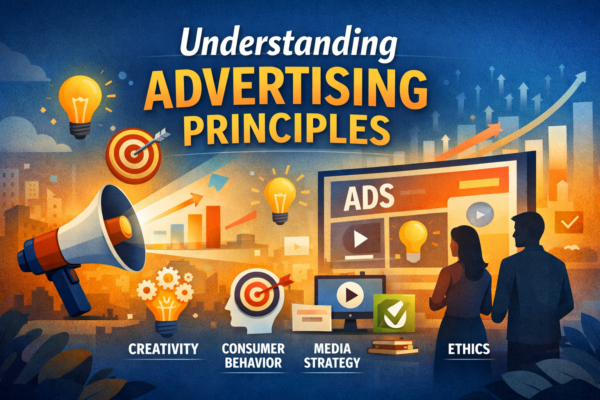 Illustration showing advertising principles with icons of creativity, consumer behavior, media strategy, and ethics, alongside digital ads, charts, and a megaphone symbolizing modern marketing communication.