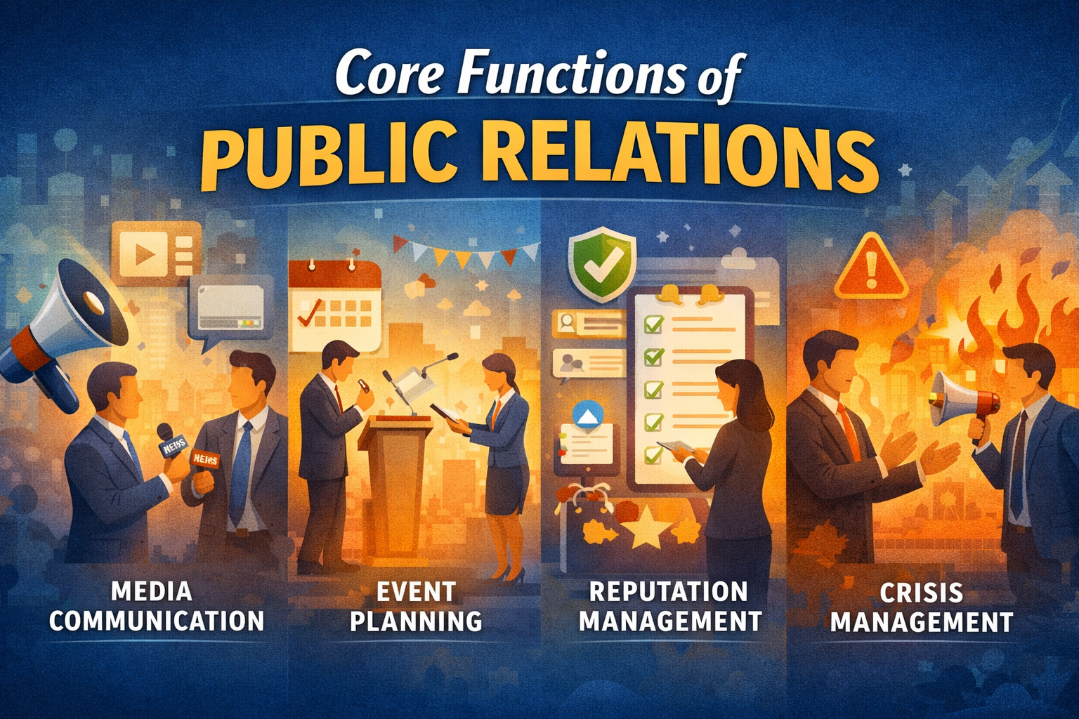 Illustration of public relations functions showing media communication, event planning, crisis management, and reputation management with professionals coordinating communication strategies.