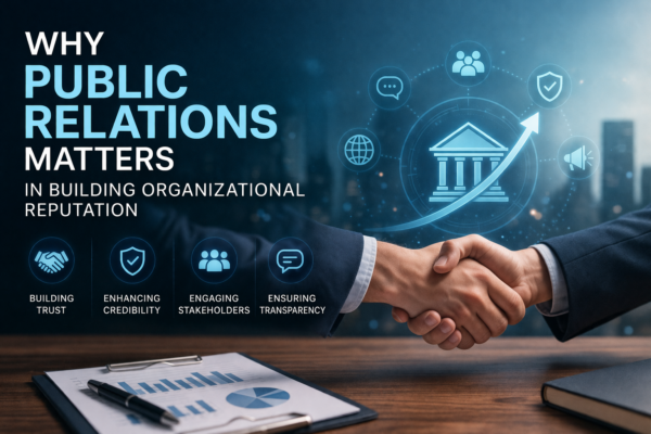 Corporate infographic illustrating the role of public relations in building organizational reputation through trust, transparency, and stakeholder engagement.