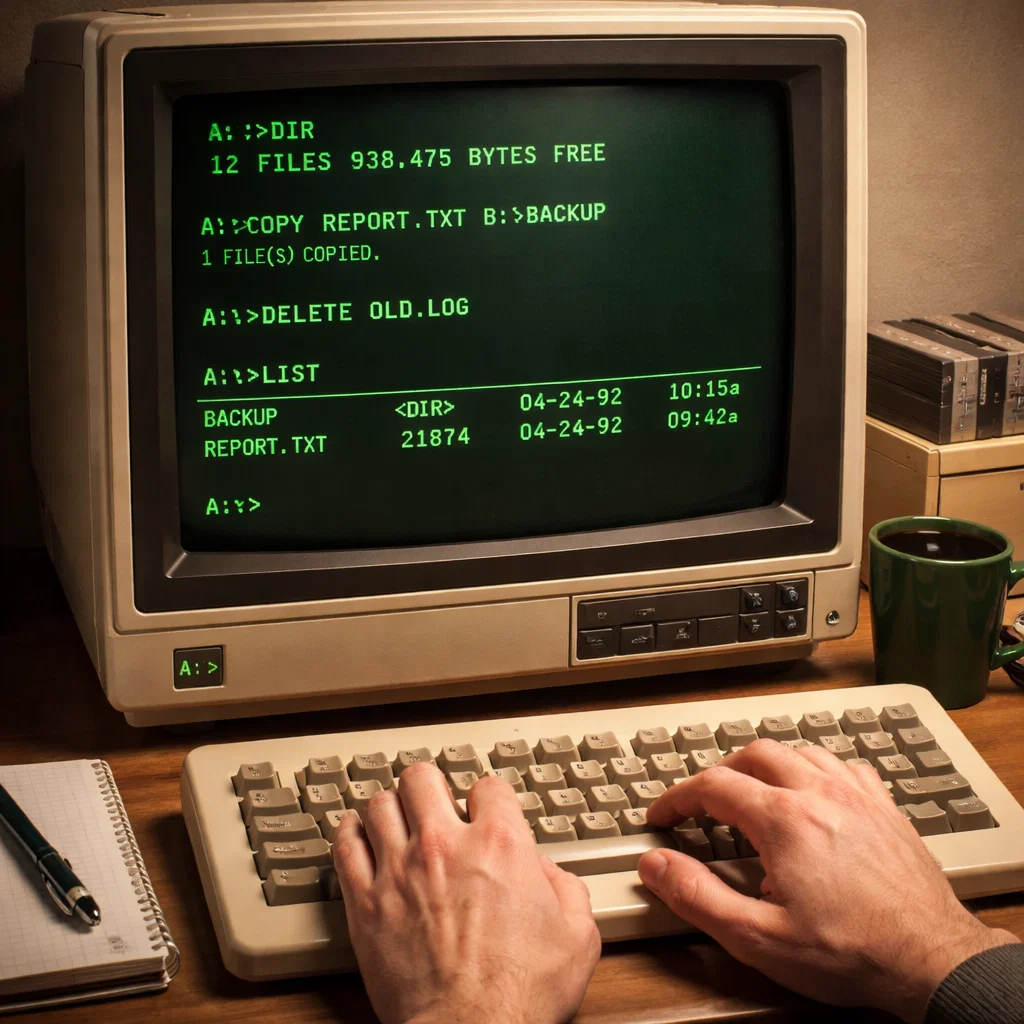 Early command-line interface showing text commands and output on a retro computer terminal.