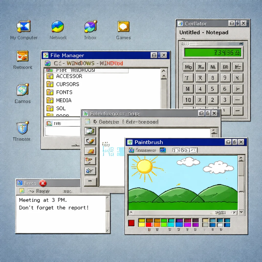 Graphical user interface showing windows, icons, and mouse pointer on a vintage desktop computer.
