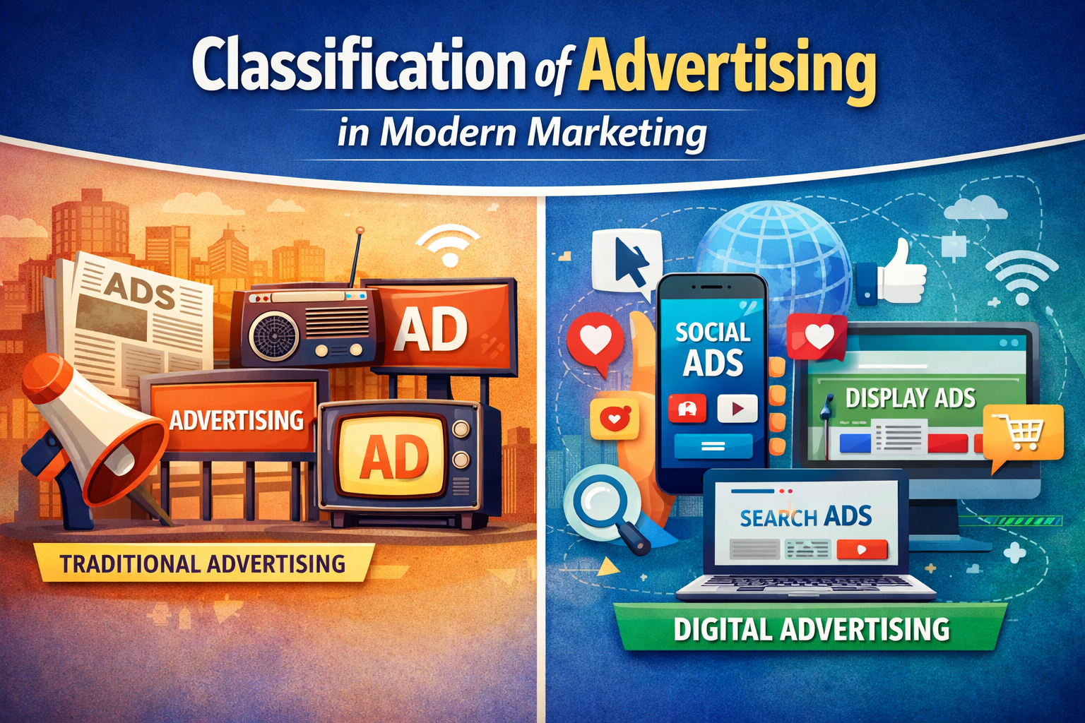 classification of advertising showing traditional vs digital marketing channels comparison