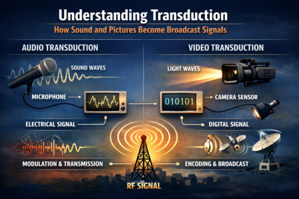 Diagram showing Transduction and how sound waves captured by a microphone and light captured by a camera sensor are converted into electrical and digital signals for broadcast transmission.