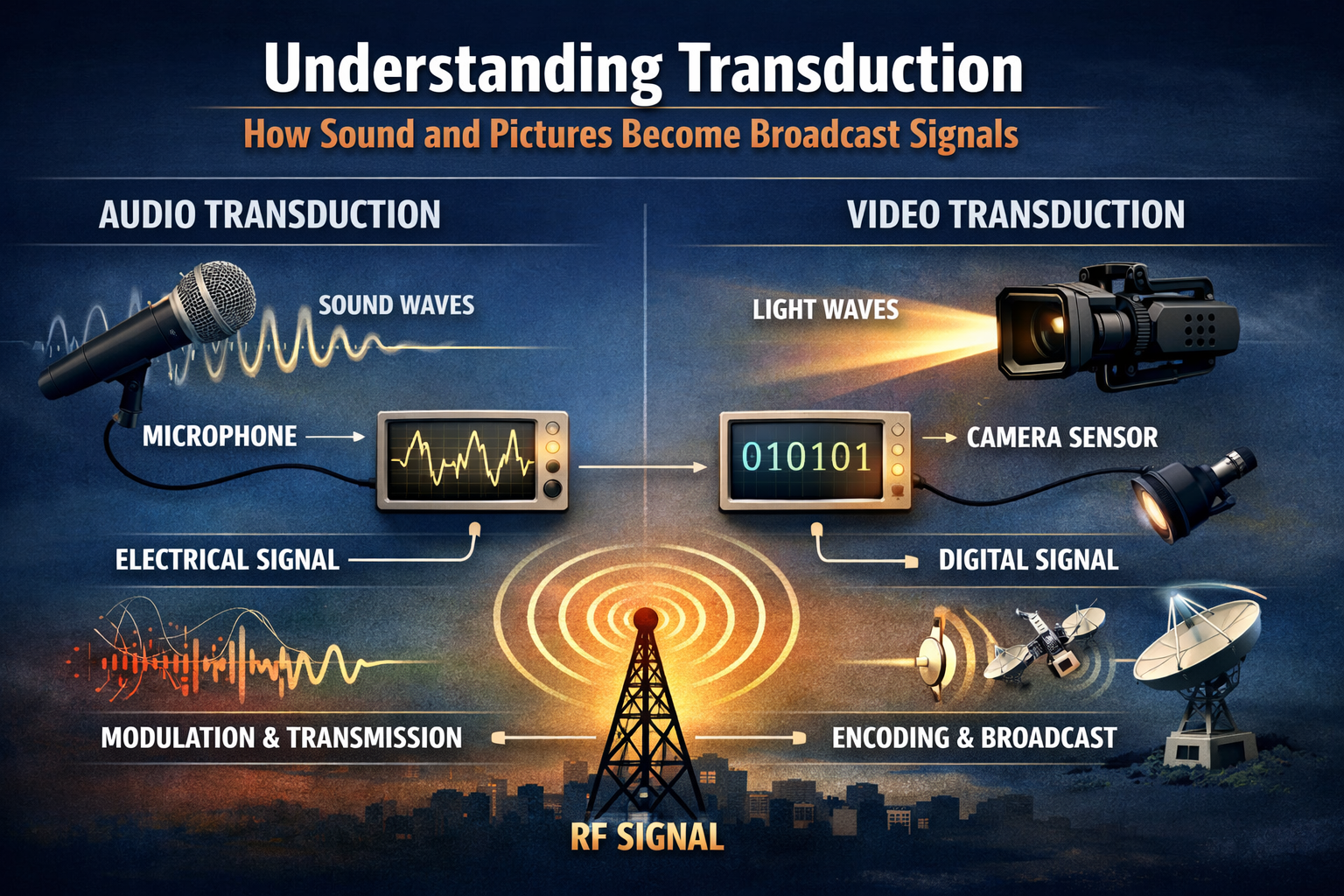 Diagram showing Transduction and how sound waves captured by a microphone and light captured by a camera sensor are converted into electrical and digital signals for broadcast transmission.