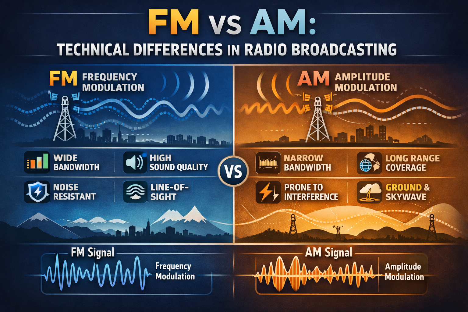 Infographic comparing FM and AM radio broadcasting, showing differences in signal structure, bandwidth, noise resistance, sound quality, and coverage range.