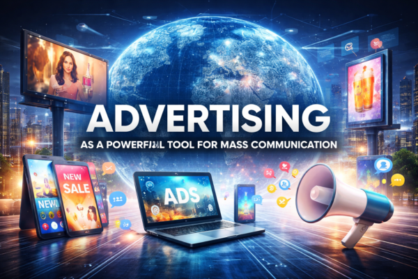 Advertising as a powerful tool for mass communication showing global digital media, billboards, smartphones, and online ads connecting audiences worldwide