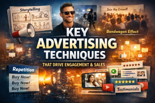 A digital composite image representing various common advertising techniques, including storytelling, celebrity endorsement, repetition, bandwagon effect, and testimonials, used to drive engagement and sales.