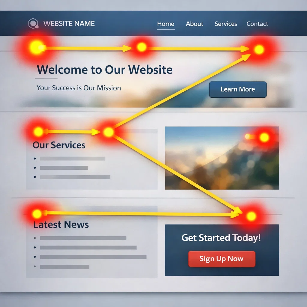 Eye-tracking pattern on a website showing how users focus attention on key interface elements