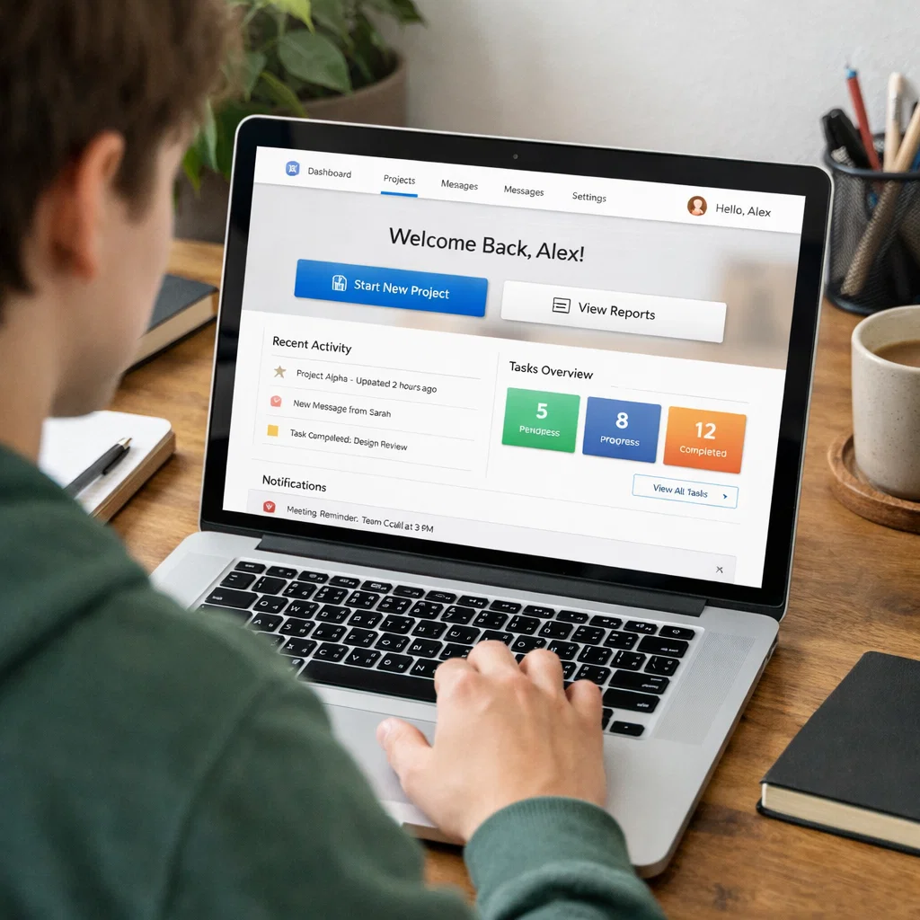 User interacting with a modern digital interface on a laptop in a natural workspace